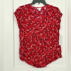 Liz Claiborne Red Floral V-Neck Cap Sleeve Blouse